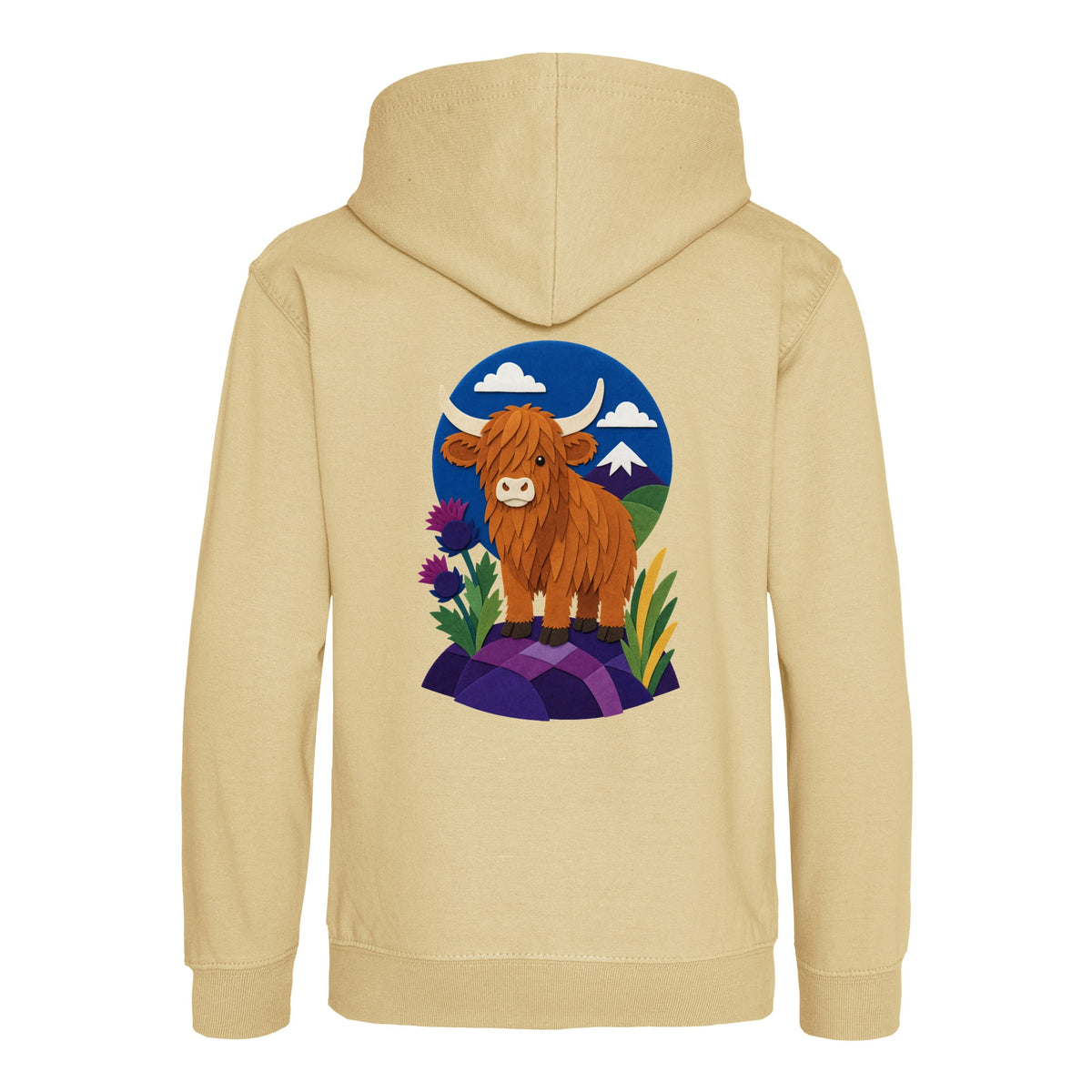 Highland Cow Among the Thistles Kids' Hoodie - Felt & Fauna Desert Sand colour variant image