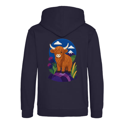 Highland Cow Among the Thistles Kids' Hoodie - Felt & Fauna French Navy colour variant image