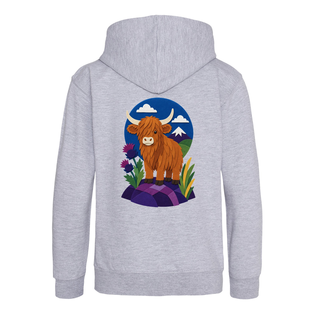 Highland Cow Among the Thistles Kids' Hoodie - Felt & Fauna Heather Grey colour variant image