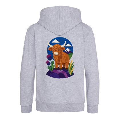 Highland Cow Among the Thistles Kids' Hoodie - Felt & Fauna Heather Grey colour variant image