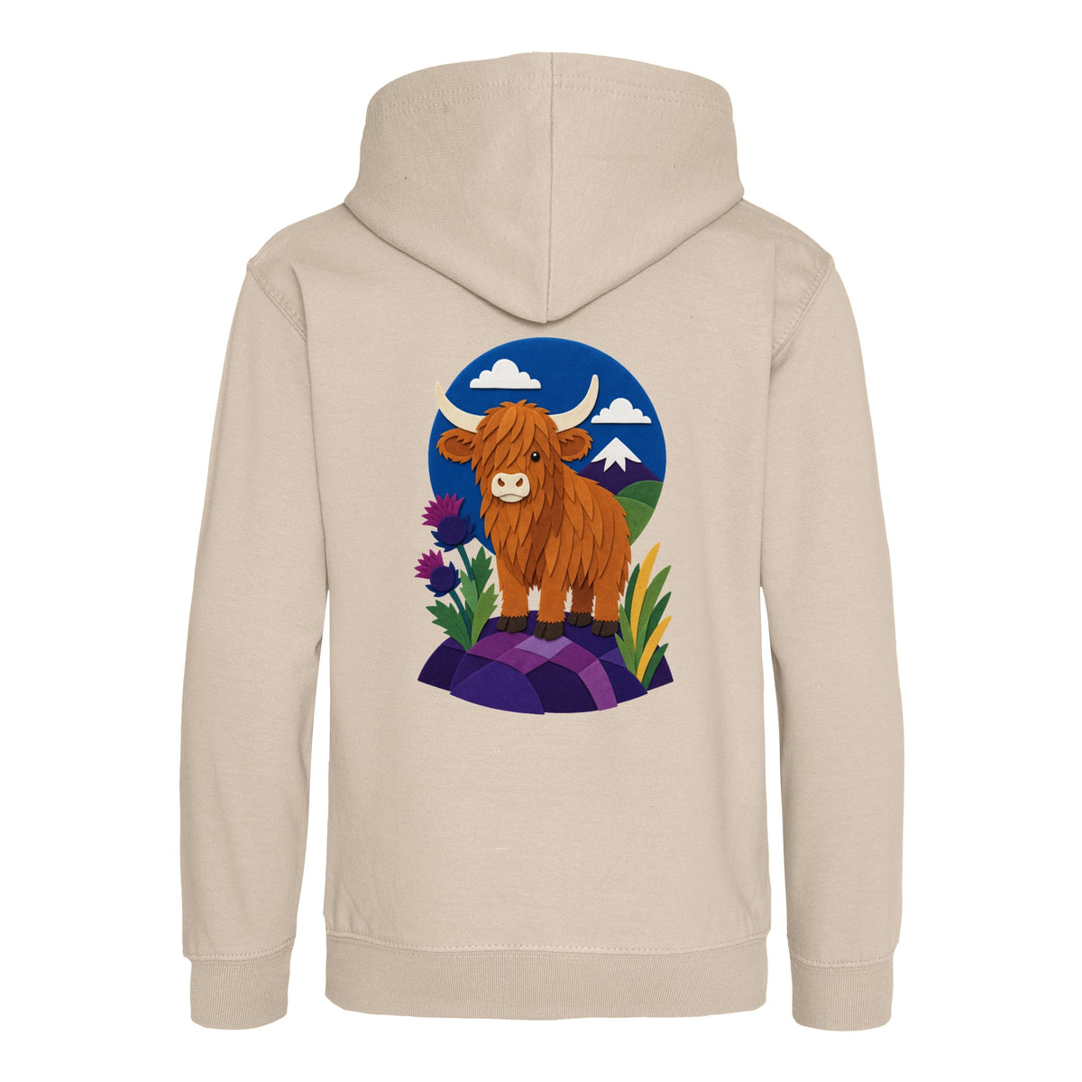 Highland Cow Among the Thistles Kids' Hoodie - Felt & Fauna Natural Stone colour variant image