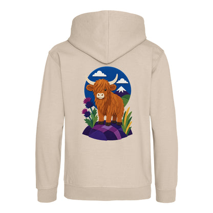 Highland Cow Among the Thistles Kids' Hoodie - Felt & Fauna Natural Stone colour variant image
