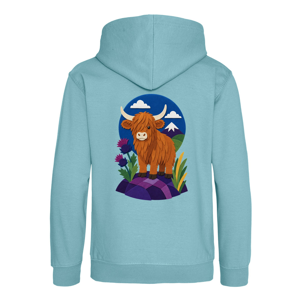 Highland Cow Among the Thistles Kids' Hoodie - Felt & Fauna Seafoam colour variant image