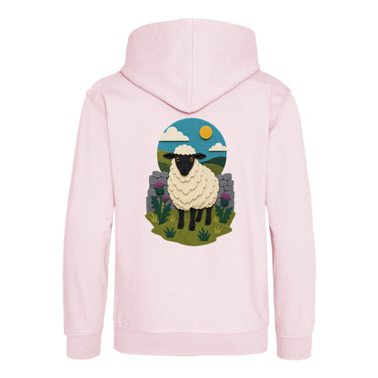 Sheep by the Stone Wall Kids' Hoodie - Felt & Fauna Baby Pink colour variant image