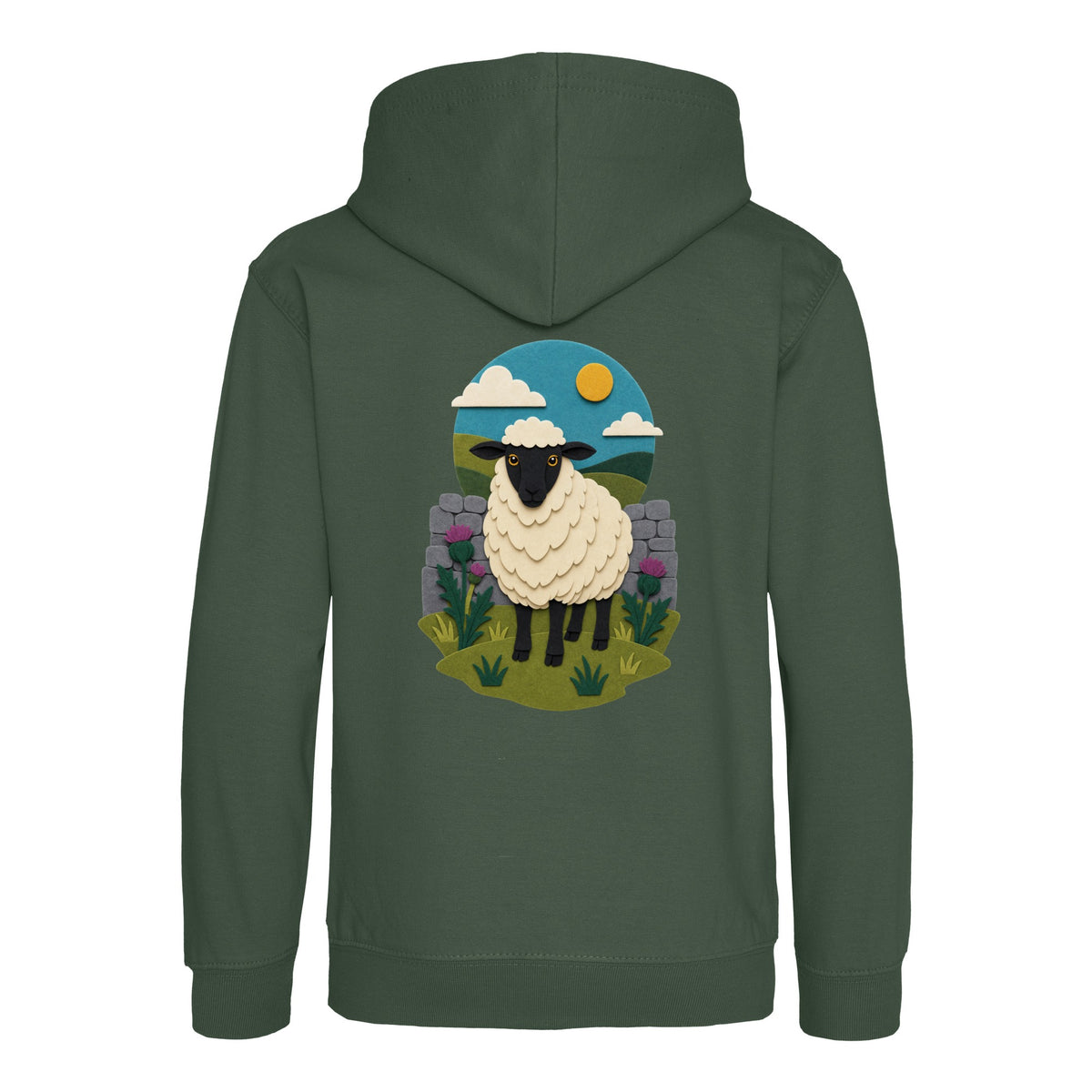 Sheep by the Stone Wall Kids' Hoodie - Felt & Fauna Bottle Green colour variant image