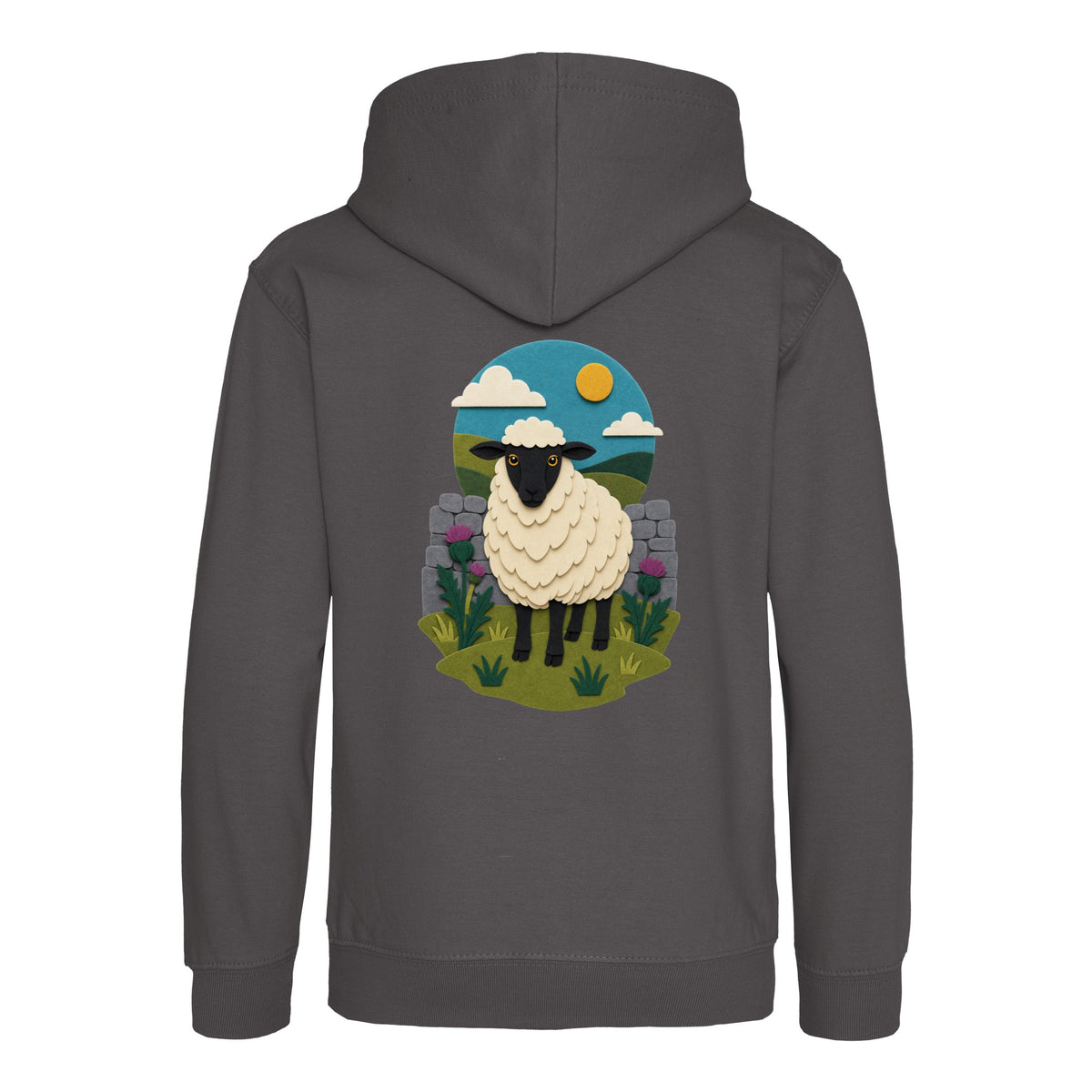 Sheep by the Stone Wall Kids' Hoodie - Felt & Fauna Charcoal colour variant image