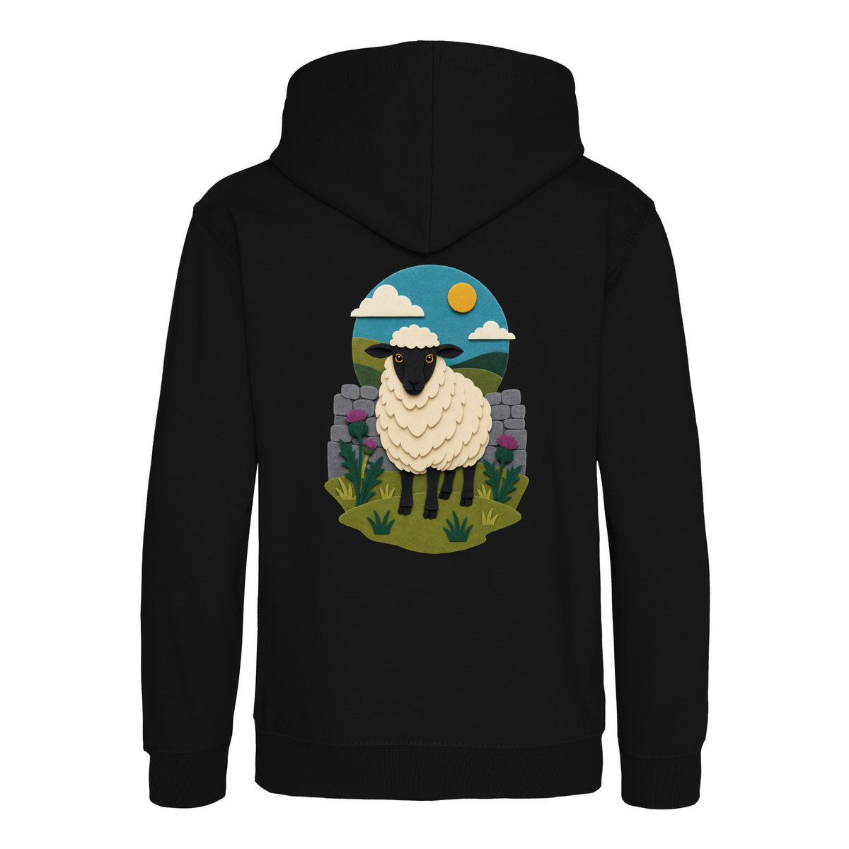 Sheep by the Stone Wall Kids' Hoodie - Felt & Fauna Deep Black colour variant image