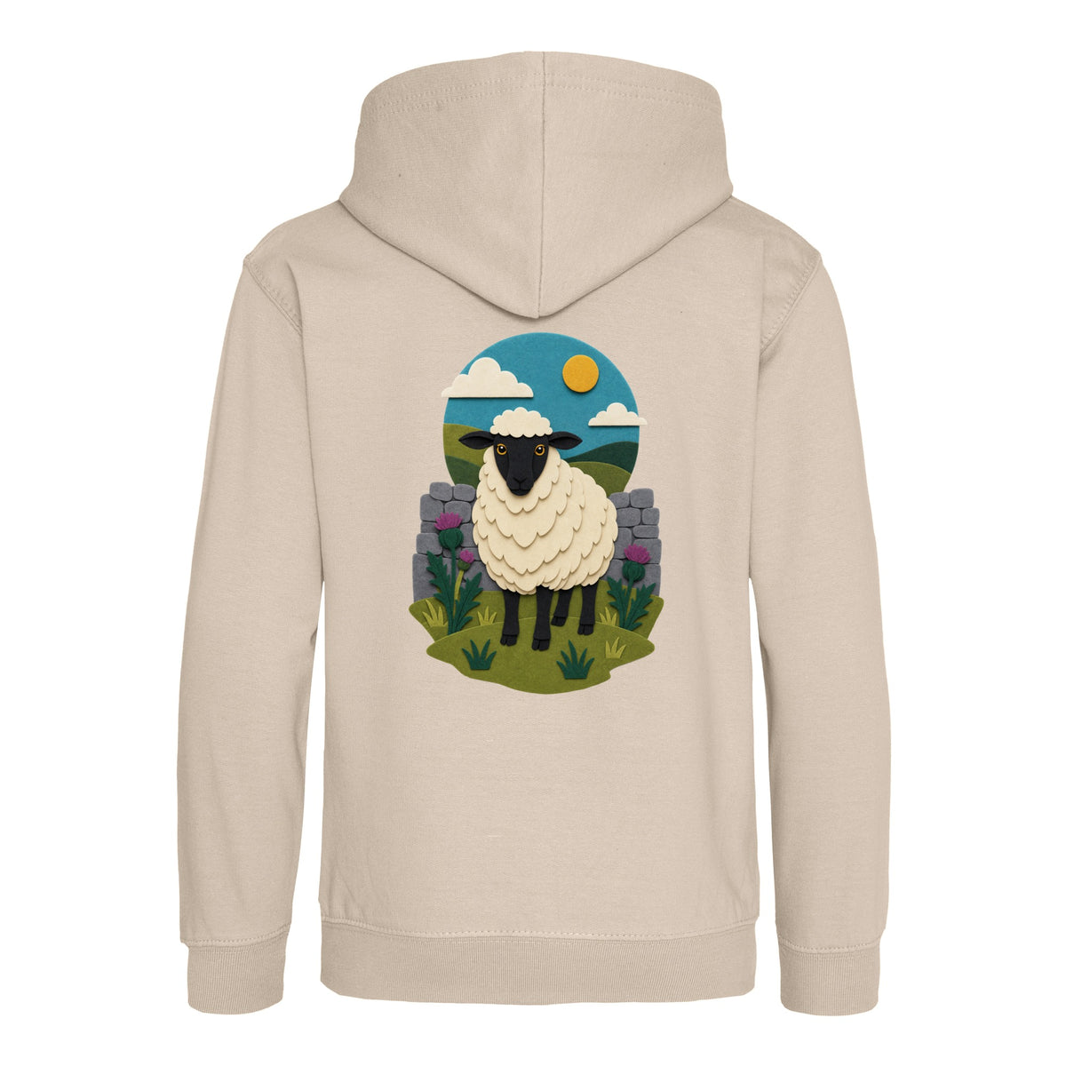 Sheep by the Stone Wall Kids' Hoodie - Felt & Fauna Natural Stone colour variant image