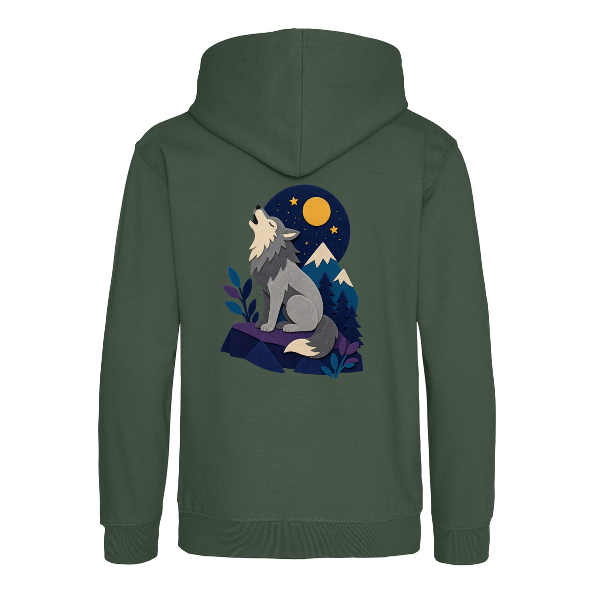 Wolf Beneath the Moon Kids' Hoodie - Felt & Fauna Bottle Green colour variant image