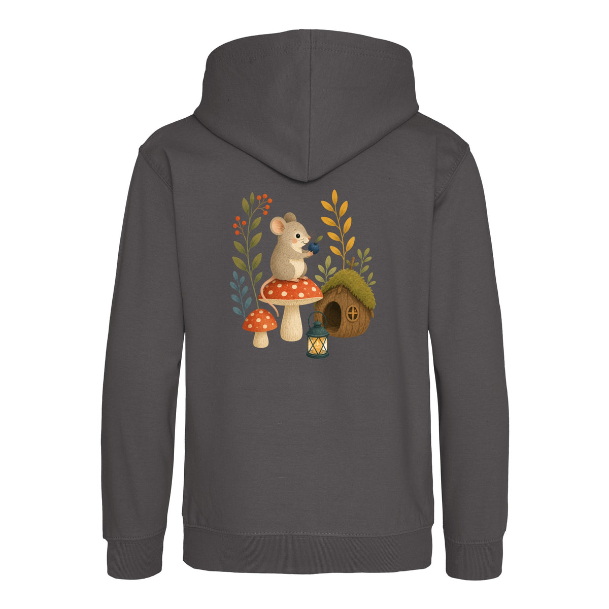 Mouse at Mushroom Cottage Kids' Hoodie - Once Upon a Woodland Charcoal colour variant image