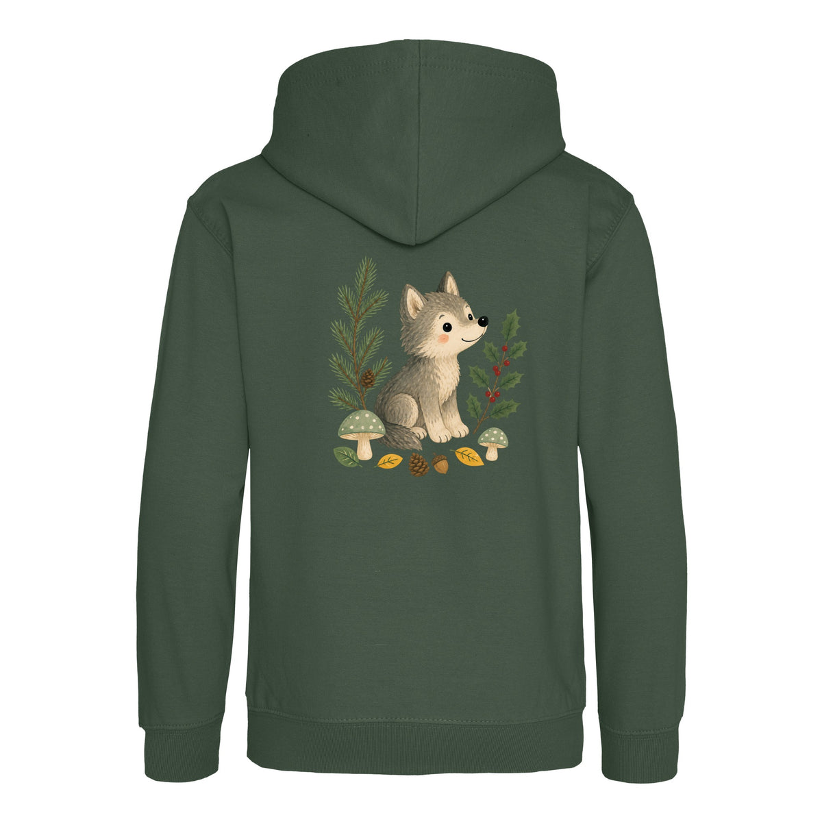Wolf in the Winter Wood Kids' Hoodie - Once Upon a Woodland Bottle Green colour variant image