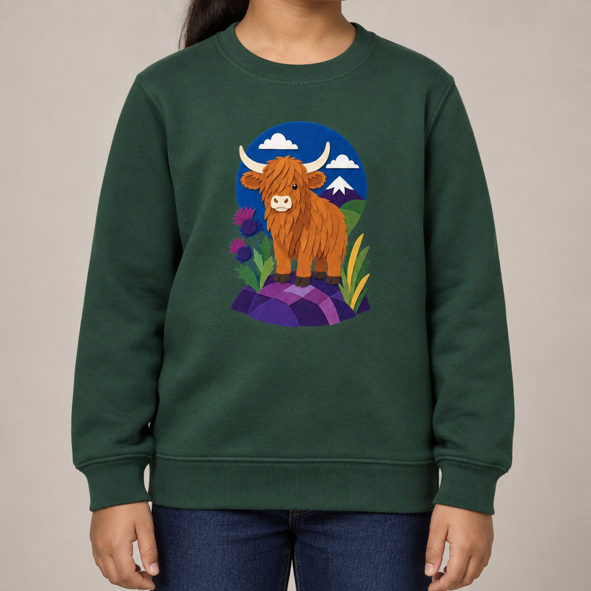 Highland Cow Among the Thistles Kids' Sweatshirt - Felt & Fauna lead image