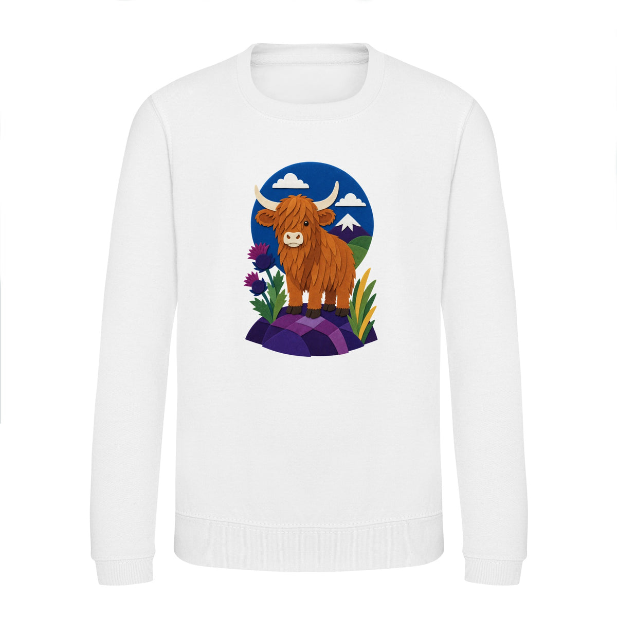 Highland Cow Among the Thistles Kids' Sweatshirt - Felt & Fauna Arctic White colour variant image