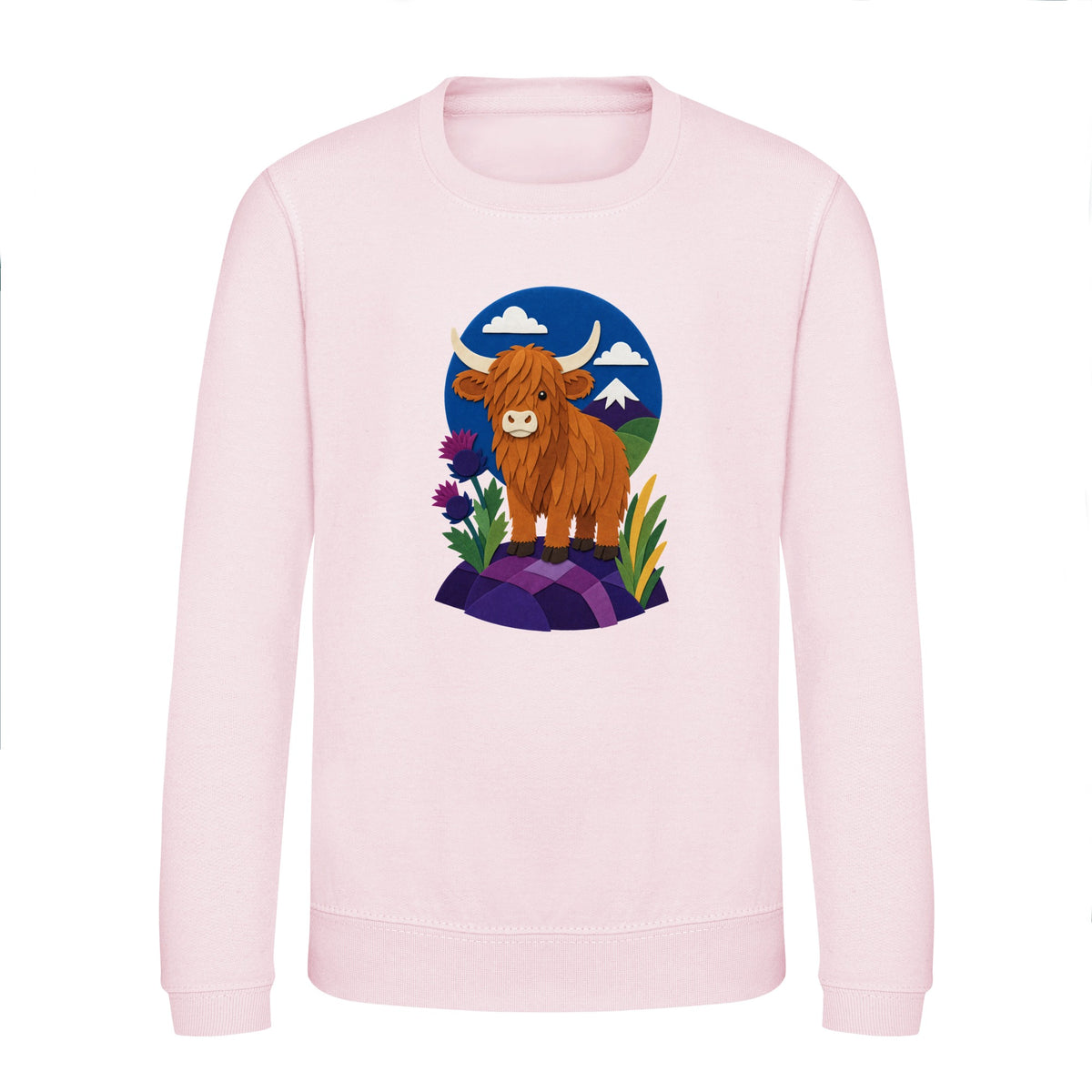 Highland Cow Among the Thistles Kids' Sweatshirt - Felt & Fauna Baby Pink colour variant image