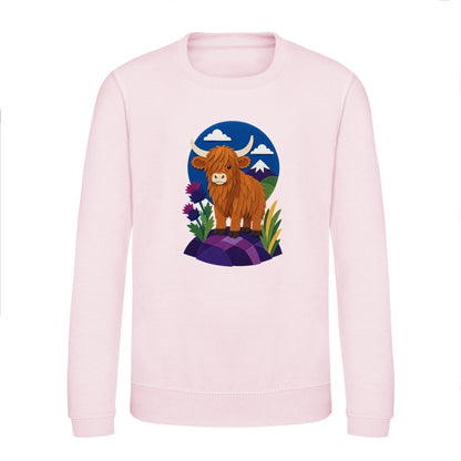 Highland Cow Among the Thistles Kids' Sweatshirt - Felt & Fauna Baby Pink colour variant image