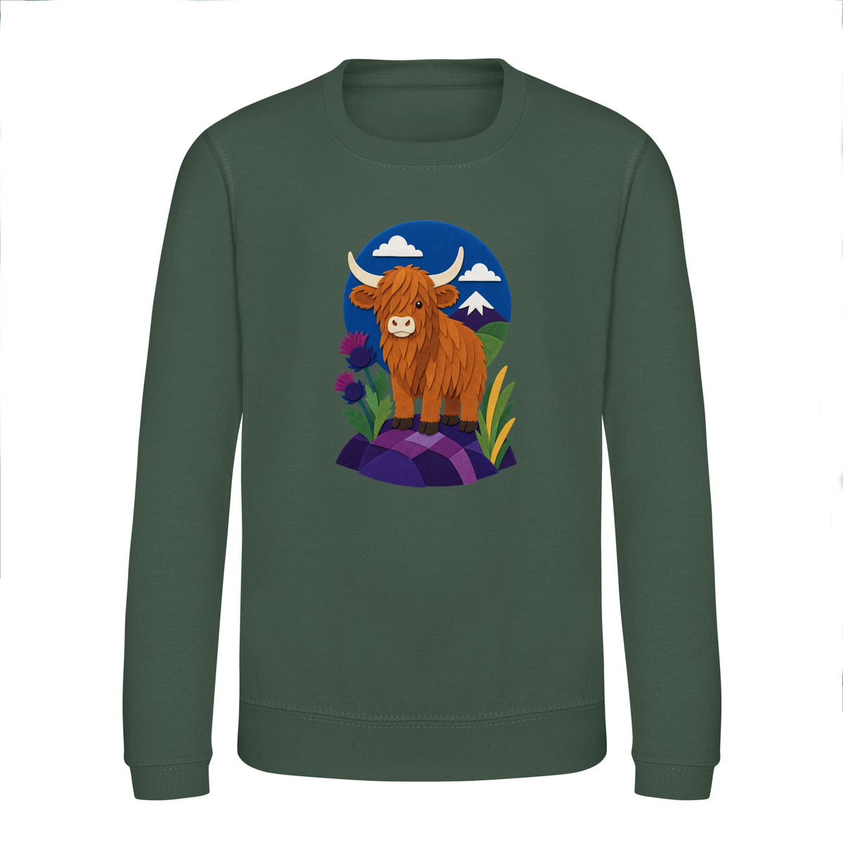 Highland Cow Among the Thistles Kids' Sweatshirt - Felt & Fauna Bottle Green colour variant image
