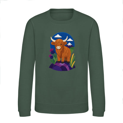 Highland Cow Among the Thistles Kids' Sweatshirt - Felt & Fauna Bottle Green colour variant image