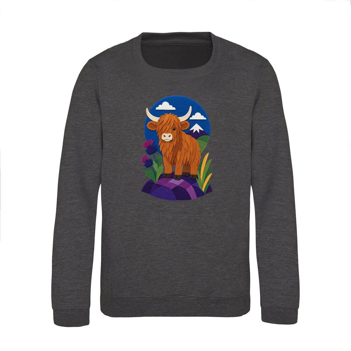Highland Cow Among the Thistles Kids' Sweatshirt - Felt & Fauna Charcoal colour variant image
