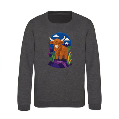 Highland Cow Among the Thistles Kids' Sweatshirt - Felt & Fauna Charcoal colour variant image