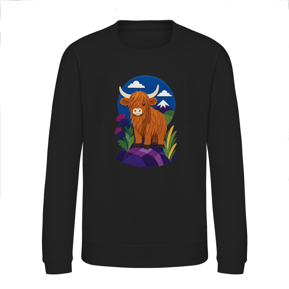 Highland Cow Among the Thistles Kids' Sweatshirt - Felt & Fauna Deep Black colour variant image