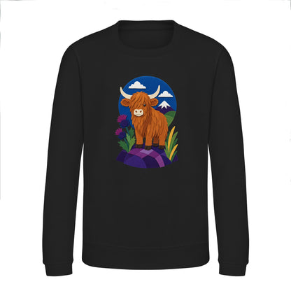 Highland Cow Among the Thistles Kids' Sweatshirt - Felt & Fauna Deep Black colour variant image