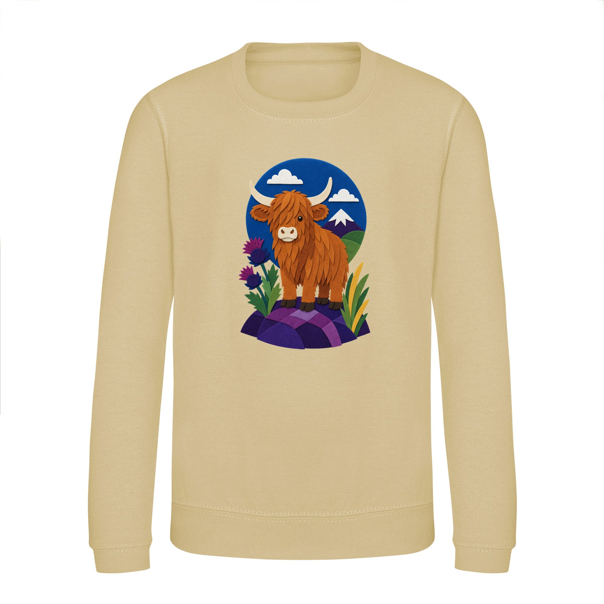Highland Cow Among the Thistles Kids' Sweatshirt - Felt & Fauna Desert Sand colour variant image