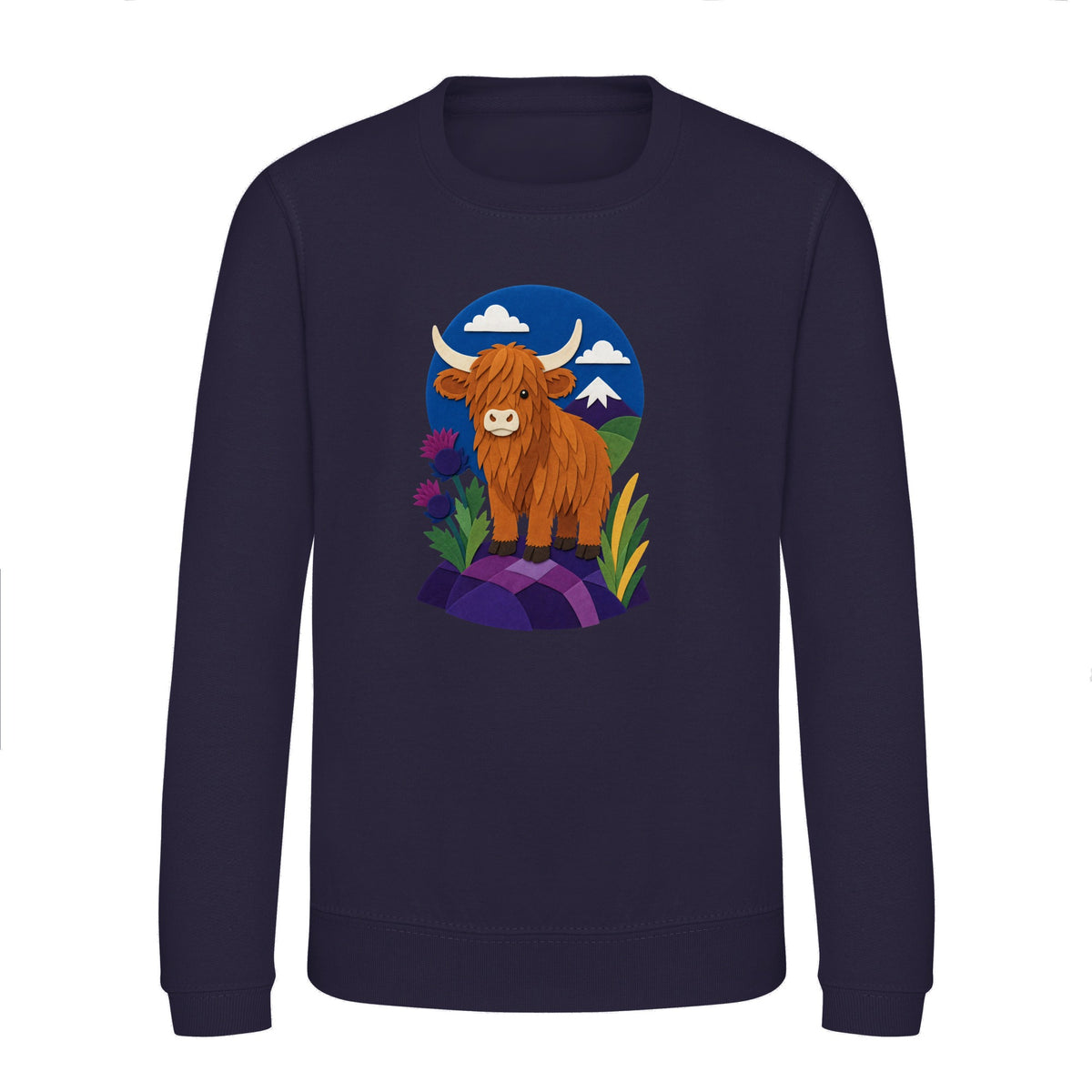 Highland Cow Among the Thistles Kids' Sweatshirt - Felt & Fauna French Navy colour variant image