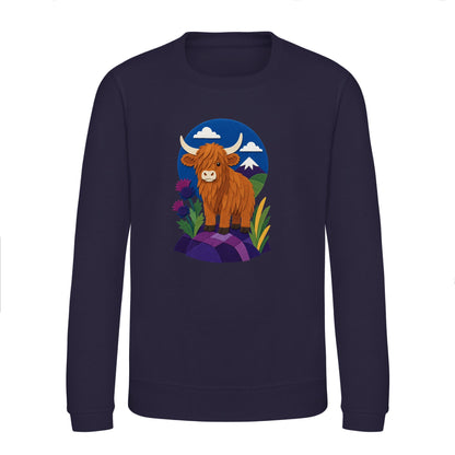 Highland Cow Among the Thistles Kids' Sweatshirt - Felt & Fauna French Navy colour variant image