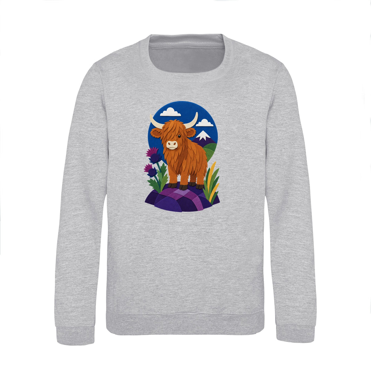 Highland Cow Among the Thistles Kids' Sweatshirt - Felt & Fauna Heather Grey colour variant image