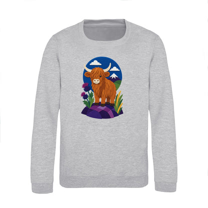 Highland Cow Among the Thistles Kids' Sweatshirt - Felt & Fauna Heather Grey colour variant image