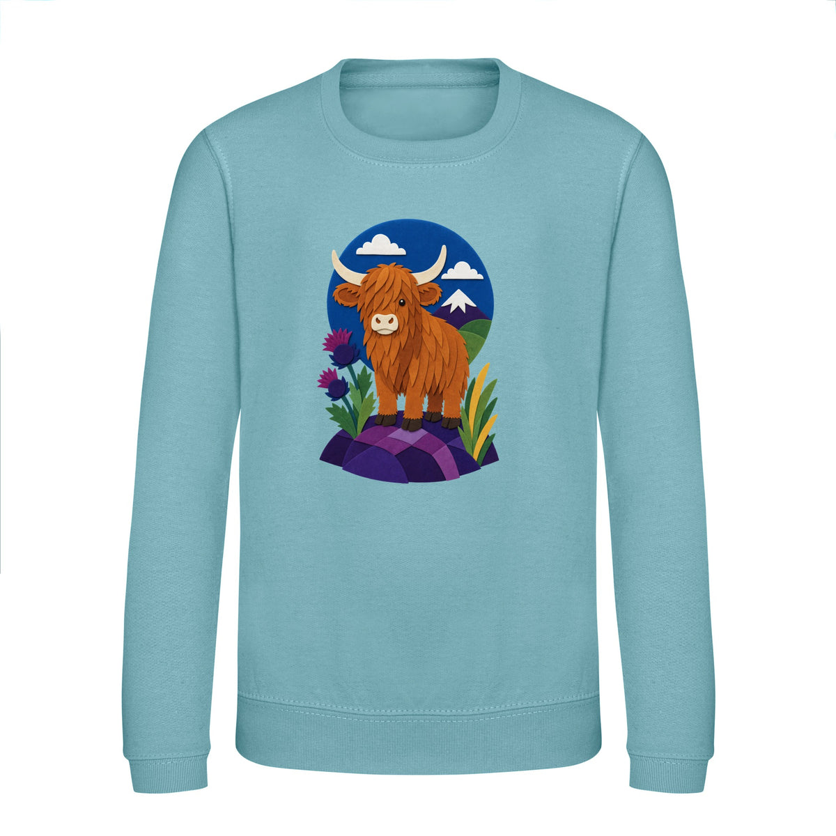 Highland Cow Among the Thistles Kids' Sweatshirt - Felt & Fauna Seafoam colour variant image