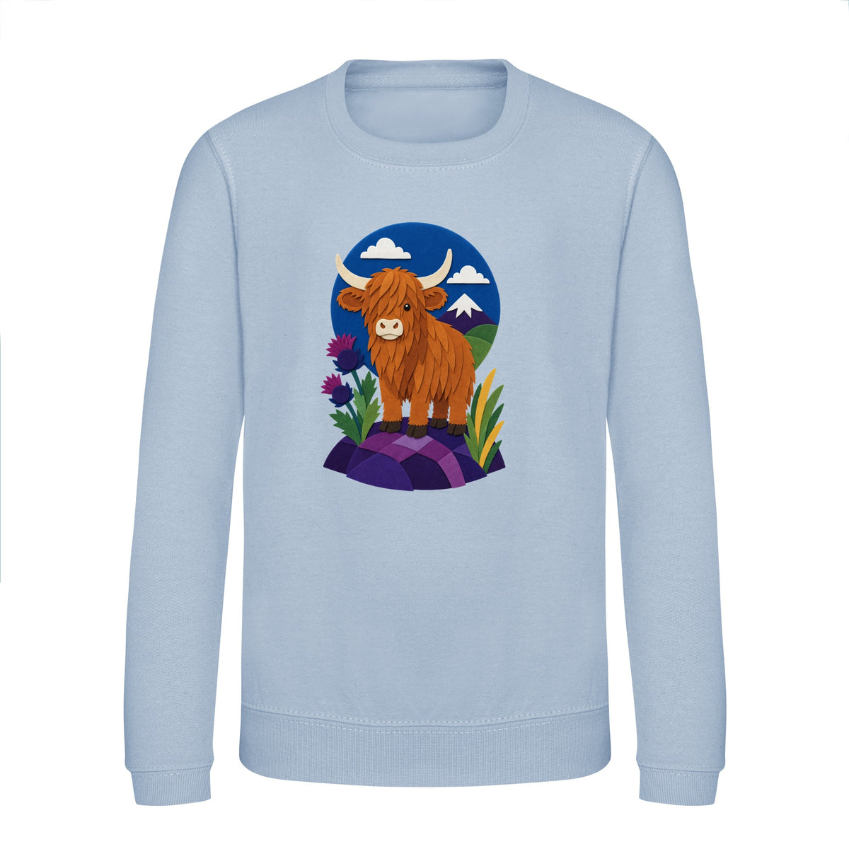 Highland Cow Among the Thistles Kids' Sweatshirt - Felt & Fauna Sky Blue colour variant image