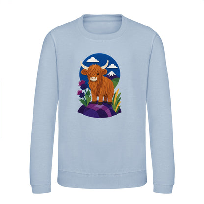 Highland Cow Among the Thistles Kids' Sweatshirt - Felt & Fauna Sky Blue colour variant image