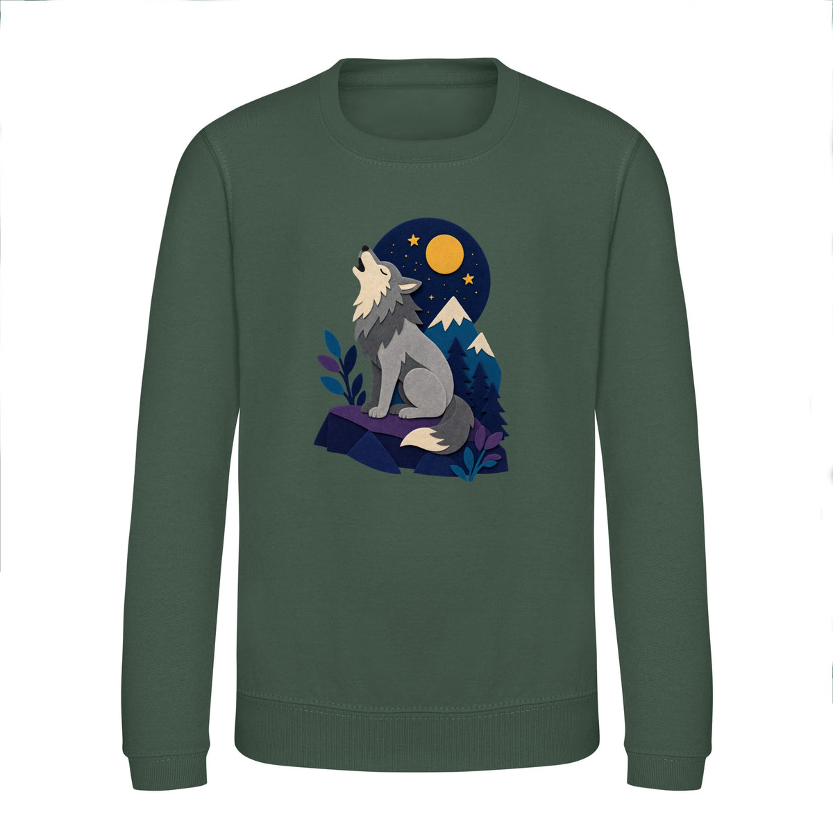 Wolf Beneath the Moon Kids' Sweatshirt - Felt & Fauna Bottle Green colour variant image