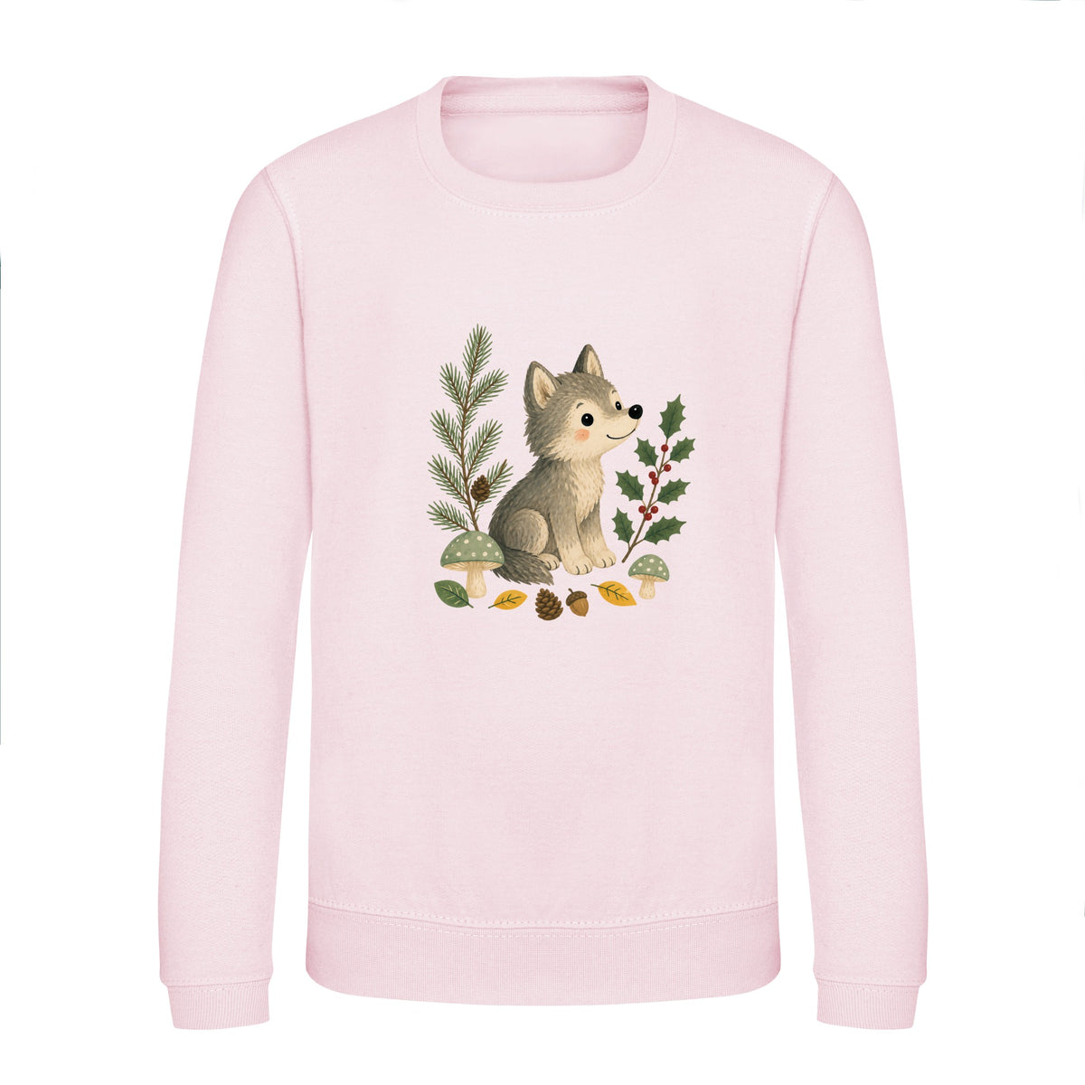 Wolf in the Winter Wood Kids' Sweatshirt - Once Upon a Woodland Baby Pink colour variant image