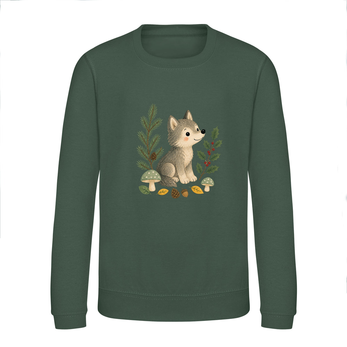 Wolf in the Winter Wood Kids' Sweatshirt - Once Upon a Woodland Bottle Green colour variant image