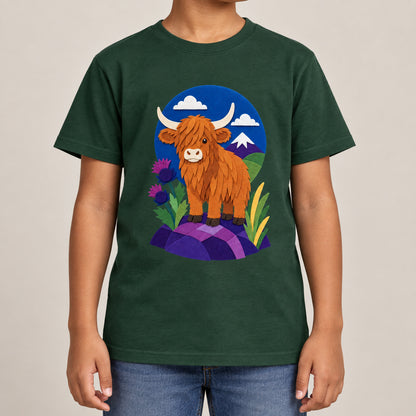 Highland Cow Among the Thistles Kids' T-shirt - Felt & Fauna lead image