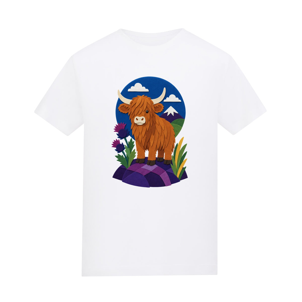 Highland Cow Among the Thistles Kids' T-shirt - Felt & Fauna Arctic White colour variant image