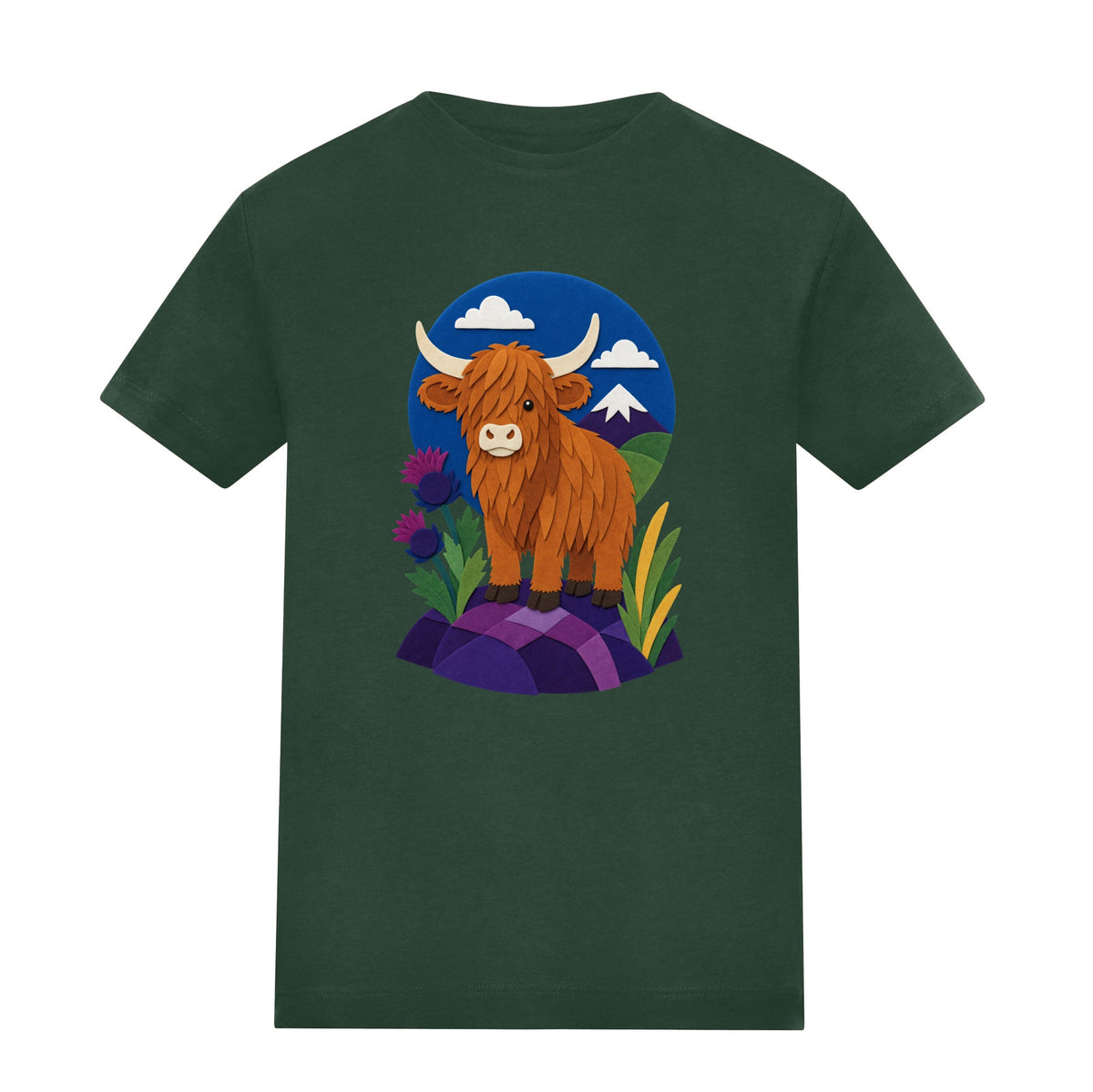 Highland Cow Among the Thistles Kids' T-shirt - Felt & Fauna Bottle Green colour variant image
