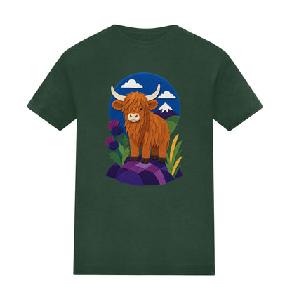 Highland Cow Among the Thistles Kids' T-shirt - Felt & Fauna Bottle Green colour variant image