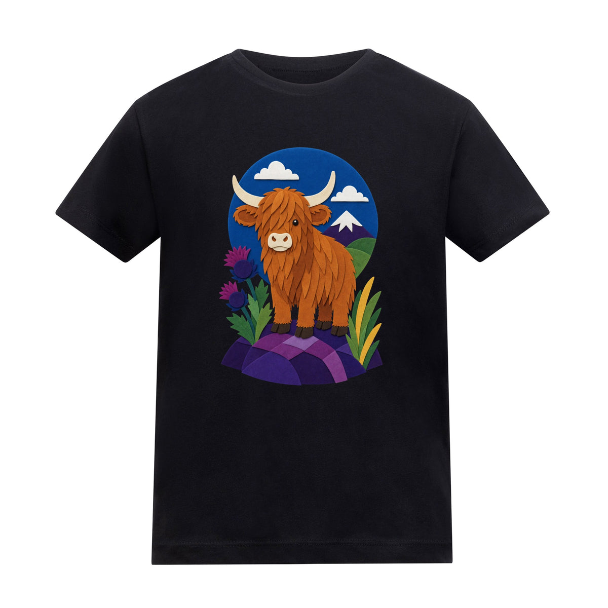 Highland Cow Among the Thistles Kids' T-shirt - Felt & Fauna Deep Black colour variant image