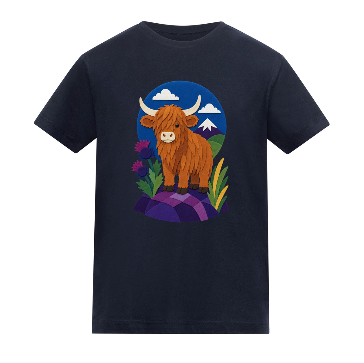 Highland Cow Among the Thistles Kids' T-shirt - Felt & Fauna French Navy colour variant image