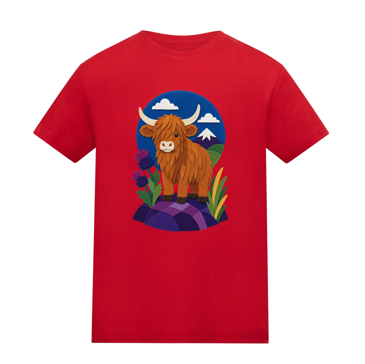 Highland Cow Among the Thistles Kids' T-shirt - Felt & Fauna Fire Red colour variant image