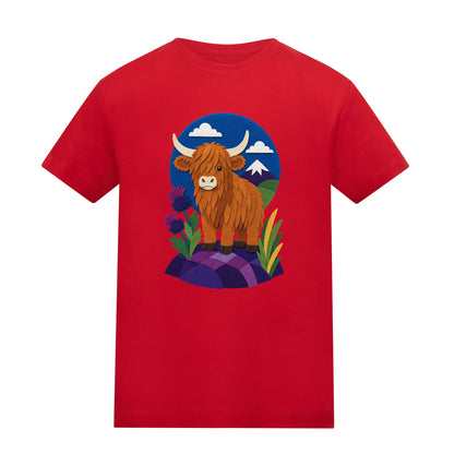 Highland Cow Among the Thistles Kids' T-shirt - Felt & Fauna Fire Red colour variant image