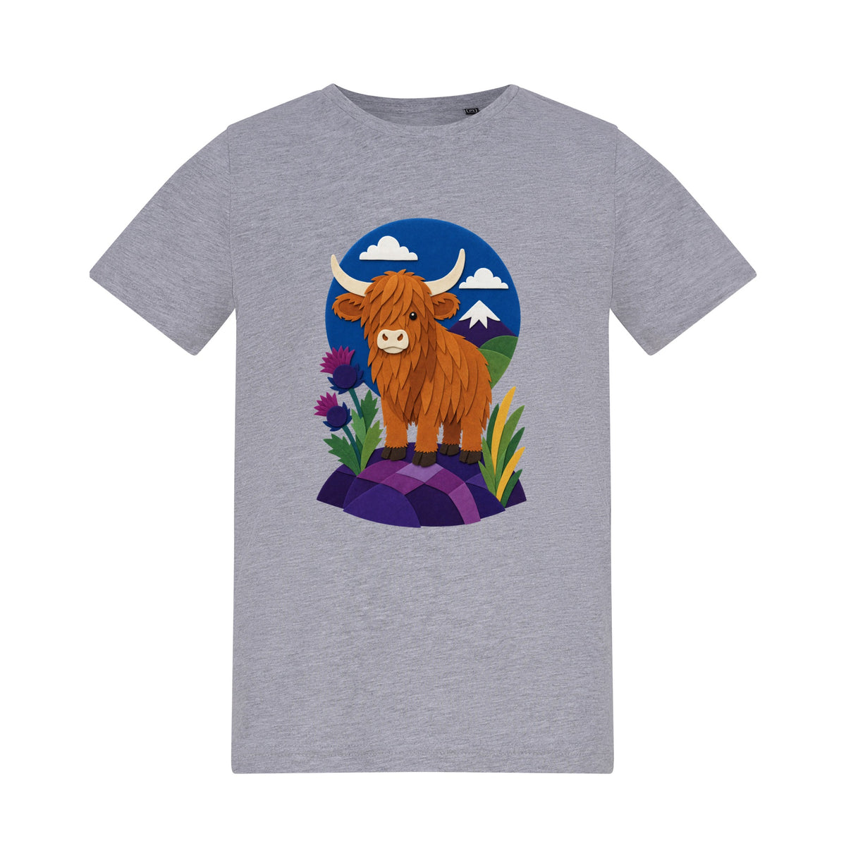 Highland Cow Among the Thistles Kids' T-shirt - Felt & Fauna Heather Grey colour variant image