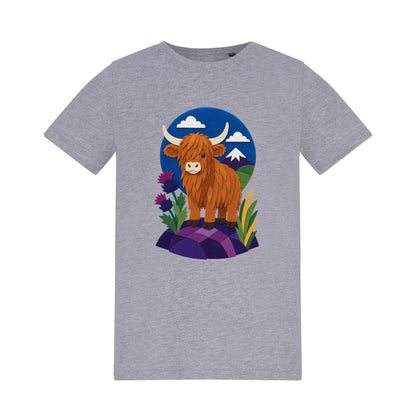 Highland Cow Among the Thistles Kids' T-shirt - Felt & Fauna Heather Grey colour variant image