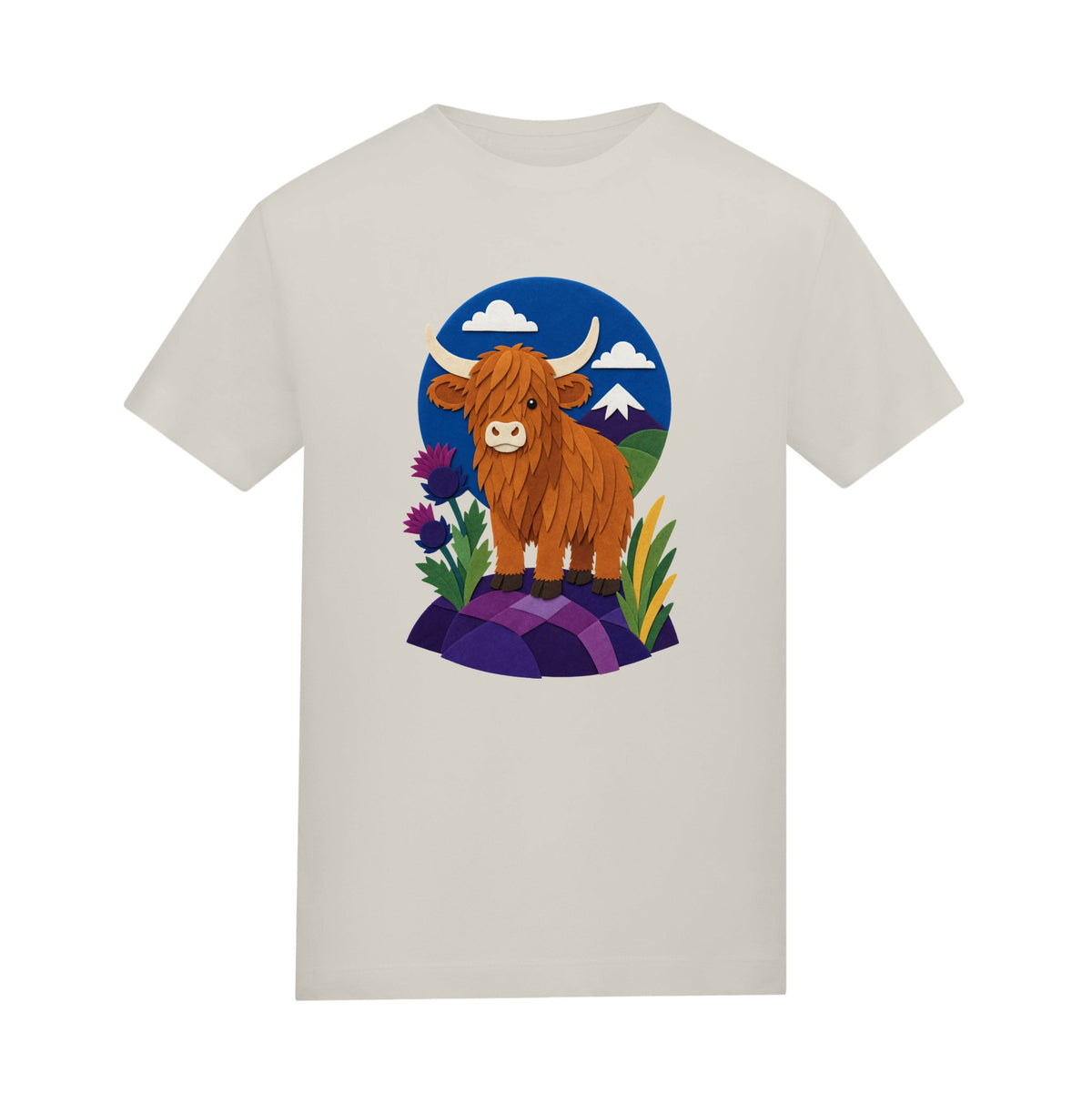 Highland Cow Among the Thistles Kids' T-shirt - Felt & Fauna Natural Stone colour variant image