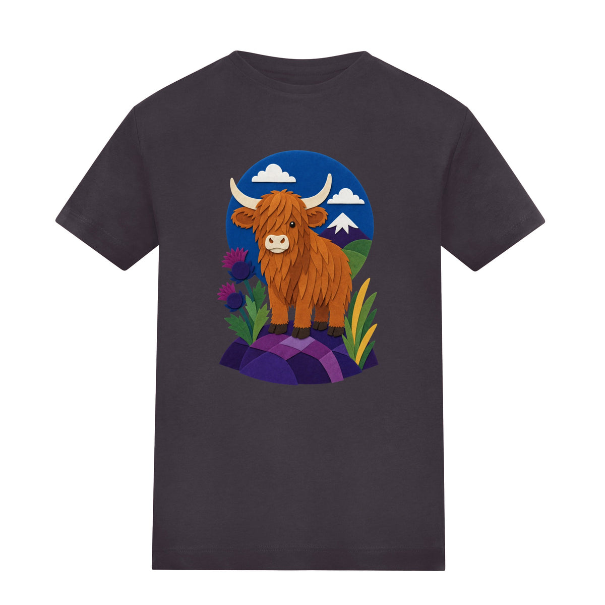 Highland Cow Among the Thistles Kids' T-shirt - Felt & Fauna Solid Charcoal colour variant image
