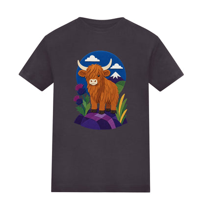 Highland Cow Among the Thistles Kids' T-shirt - Felt & Fauna Solid Charcoal colour variant image