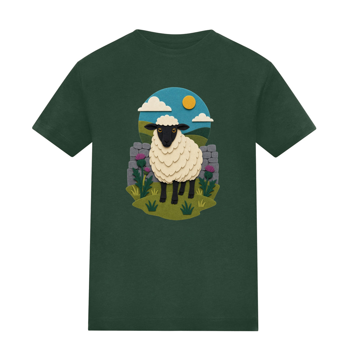 Sheep by the Stone Wall Kids' T-shirt - Felt & Fauna Bottle Green colour variant image
